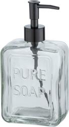 TYPEC Dozator Reîncărcabil de Săpun Lichid din Sticlă Masivă 550 ml, Formă Cubică cu Muchii Verticale, Pompă Neagră Mată, Inscripție Pure Soap, pentru Baie și Bucătărie