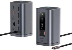 Baseus Spacemate RD1 Series 11-in-1, conectare PC USB-C, 2xHDMI 4K@60Hz, 2xDP 4K@60Hz, 2xUSB-A (10Gbps), 1xUSB-C (10Gbps), 1xRJ45, 1xUSB-A (480Mbps), 1xUSB-C (PD), 1x3.5mm, incarcator(EU), gri (B0112701) - v