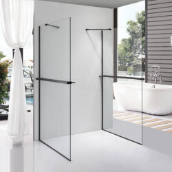 STUXI Milano Gate Black Plus 2 falsíkra szerelhető, két oldalfalas walk-in zuhanyfal, 120x140 cm, 8 mm vastag vízlepergető biztonsági üveggel, helytakarékos sarokmerevítőkkel (TL-6615G-120-140-X-6615B-22-X-