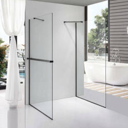 STUXI Milano Gate Black Plus 1 falsíkra szerelhető, két oldalfalas walk-in zuhanyfal, 80x80 cm, 8 mm vastag vízlepergető biztonsági üveggel, helytakarékos sarokmerevítőkkel (TL-6615G-80-80-X-6615B-22-X-6615