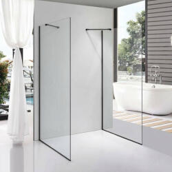 STUXI Milano Gate Black falsíkra szerelhető, két oldalfalas walk-in zuhanyfal, 110x110 cm, 8 mm vastag vízlepergető biztonsági üveggel, helytakarékos sarokmerevítőkkel (TL-6615G-110-110-X-6615B-22-X-6615B-5