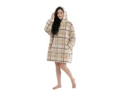  Patura cu maneci si gluga, imitatie de miel PLAID, cremova Patura