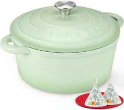 Overmont Tava de prajit Overmont oala din fonta emailata - tava 28cm la cuptor - cu capac si carte de bucate - pentru bucatarie coacere tocanita prajire verde pastel - 28CM-Eamel-Fasole (28CM-Enamel-Bean)