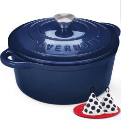 Overmont Tavă de prăjire Overmont oală din fontă emailată - caserolă 24cm sigură pentru cuptor - cu capac și carte de bucate - pentru bucătărie coacere tocană prăjire albastru indigo - 24CM-Eamel-Indigo (24CM-