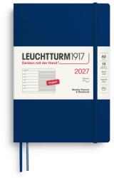 Leuchtturm1917 calendar săptămânal 2027 mediu (A5) cu caiet, cu linii - planificator de întâlniri engleză, bleumarin, copertă moale, 145 x 210 mm, ianuarie-decembrie 2027, prezentare săptămânală în stânga + pagina d