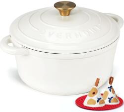 Overmont Tavă de prăjire Overmont oală din fontă emailată - caserolă 24cm sigură pentru cuptor - cu capac și carte de bucate - pentru bucătărie coacere tocană prăjire alb perlat - 24CM-Eamel-Pearl (24CM-Enamel