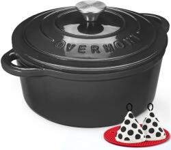 Overmont Tavă de prăjire Overmont oală din fontă emailată - caserolă 28cm sigură pentru cuptor - cu capac și carte de bucate - pentru bucătărie coacere tocană prăjire gri grafit - 28CM-Email-Graphit (28CM-Enam