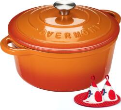 Overmont Oală de gătit Overmont din fontă emailată - Cratită de 28 cm, rezistentă la cuptor - cu capac și carte de bucate - pentru gătit la cuptor, tocană, friptură, portocaliu - Emailată