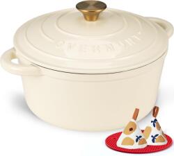 Overmont Tavă de copt Overmont din fontă emailată - caserolă de 28 cm, rezistentă la cuptor - cu capac și carte de rețete - pentru bucătărie, coacere, înăbușire, prăjire, alb - Emailată