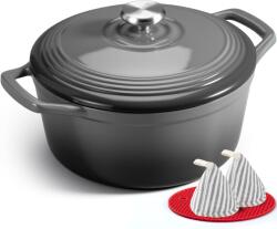 Overmont tavă de copt din fontă emailată - oală tip caserolă 26cm, rezistentă la cuptor - cu capac și carte de bucate - pentru gătire, coacere, înăbușire, prăjire, gri - Emailată