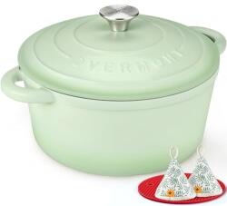 Overmont Tava de copt Overmont oala din fonta emailata - tava 24cm la cuptor - cu capac si carte de bucate - pentru bucatarie coacere tocana prajire verde pastelat - 24CM-Eamel-Bean (24CM-Enamel-Bean)