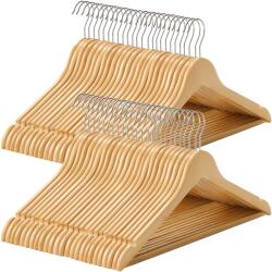 SONGMICS Umerașe din lemn SONGMICS, set de 50, umerașe din lemn masiv, crestături în zona umerilor, bară antiderapantă pentru pantaloni, cârlig rotativ la 360°, pentru costume, cămăși, argintiu natural CRW001-