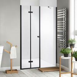 STUXI Verona Fix Black 180 cm (90+90) széles csukló zuhanyajtó fix fallal, 6 mm vízlepergető üveggel, matt fekete profillal, 195 cm magas