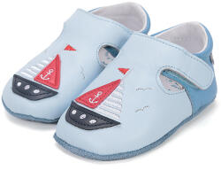 D. D. STEP Papuci de interior băieți, talpă piele, velcro, bleu cu barcute, 18-23 model de barcă albastru deschis (14BE5F)