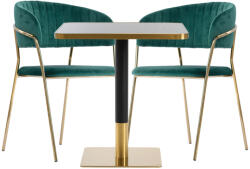 BB Bútor Kávézóasztal szett: négyzet asztal 70×70 cm fekete márvány + 2 Glamour szék - sötétzöld (0608-BB-_0612-BB-_0540-BB-2)