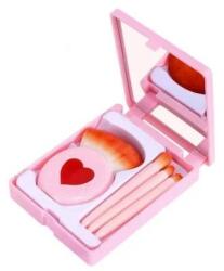 Flippy Set 4 Mini Pensule de Machiaj, Flippy, Portabile, in Carcasa cu Oglinda, din Par Sintetic Moale, Model cu Inima, 12x7x2.5 cm, Roz