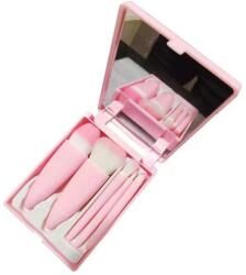 Flippy Set 5 Mini Pensule de Machiaj, Flippy, Portabile, in Carcasa cu Oglinda, din Par Sintetic Moale, Roz, 12x7x2.5 cm