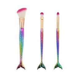 Flippy Set 3 Pensule pentru Machiaj Flippy, in Forma de Sirena, Electroplacate, Detalii Fine, Maner Ergonomic, Peri din Fibra Moale, Multicolor