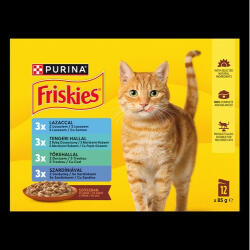 Purina Friskies alu. 12x85g lazac, tengeri hal, tőkehal, szardínia szószban