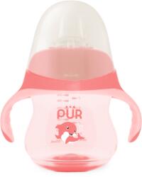 PUR BABY Cana in forma de delfin cu cioc din silicon, +6 Luni, roz, 230ml, PUR Set pentru masa bebelusi