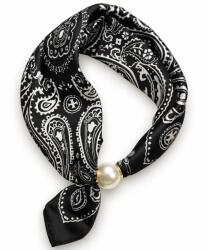 Shopika Esarfa colier satinata cu perla decorativa si inchidere magnetica, imprimeu paisley alb cu negru