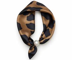 Shopika Esarfa colier satinata cu perla decorativa si inchidere magnetica, imprimeu negru cu maron caramel