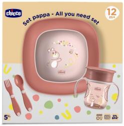 CHICCO Set de masă - bol, farfurie, sticlă și tacâmuri roz 12m+ (AGS16201.15) Set pentru masa bebelusi