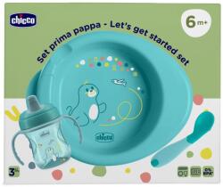 CHICCO Set de început - farfurie, sticlă și linguriță albastru 6m+ (AGS16200.25) Set pentru masa bebelusi