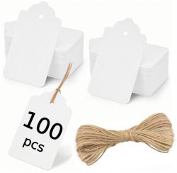  100 db-os ajándékjegy medál zsinórral, barna színben, esküvőre, 95x45 mm, fehér színben (KPSET-WHI)