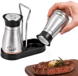  Só- és borsszóró Üveg szett állvánnyal Ezüst konyhai (salt-pepper-set-silver)