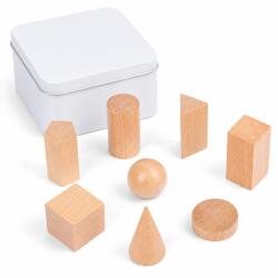 Flippy Jucarie Educativa din Lemn, Flippy, Set Montessori cu 7 Forme Geometrice 3D, Cutie Metalica, 8 Piese, 0.19 kg, Natur (167332)