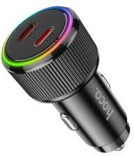 hoco. NZ14 autós töltő 2 Type-C aljzat (50W, PD gyorstöltő 3.0, LED) FEKETE (159299)