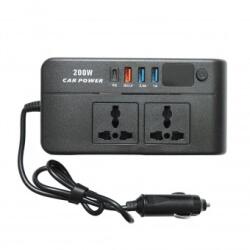 Breckner Germany Invertor tensiune 12V-220V 200W, unda sinusoidala modificata, port USB, USB-C, iesire dubla AC