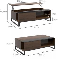 HomCom Dohányzóasztal emelőmechanizmussal, rejtett tárolórekesszel, acéll, 102 x 58 x 35, 5 cm, dió-fekete