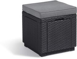 Keter Allibert Cube tárolós kerti ülőke párnával, szürke, rattan hatású, vízálló, 42x42x39 cm (206721)