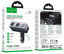 hoco. Z65B autós töltő 240W PD QC3.0 USB-C + USB-A + 2x szivargyújtó aljzat - fekete (6942007673181)