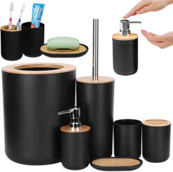 Verkstore Bambusz és Matt Fekete 6 az 1-ben Fürdőszobai Kiegészítő Szett Szemetes Kukával és WC Kefével, 6L