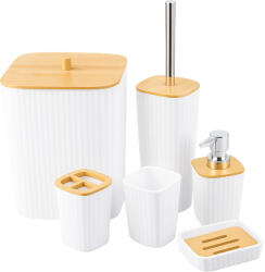 Verkstore Bambusz és Matt Fehér 6 az 1-ben Fürdőszobai Kiegészítő Szett Szemetes Kukával és WC Kefével, 10L