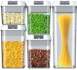 Flippy Cutii de Depozitare Alimente, Flippy, set din 5 Cutii pentru Condimente, Volumetrie 0.5l, 0.8l, 1.2l, 1.9l, Transparente cu Capac Alb (134567)