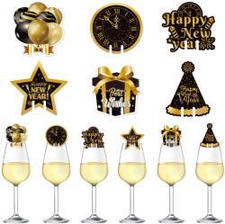 Flippy Set 6 Decoratiuni pentru Pahare de Cocktail, Flippy, Tema Anul Nou, din Hartie, Negru/Auriu (162153)