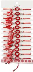 Jolie Martisor Bratara cu Ciucure pentru Dama, Jolie, Model Cerc cu Inima, Set 12 bucati, Pandativ din Inox, Snur Reglabil, Rosu/Alb (CR-128066)