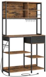VASAGLE Raft bucatarie cu polite reglabile si sertar, 4 prize integrate, cadru metalic, stil industrial, 110x41x180 cm, maro rustic (EZ-KKS028K11) Raft