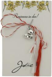 Jolie Martisor Traditional, Jolie, Model URSULET, cu Snur Impletit Alb/Rosu, 8.5 x 5.5 cm, Argintiu (CR-165721)