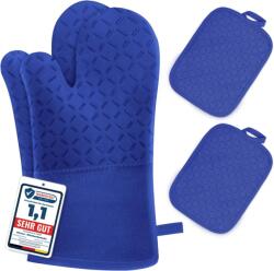 TYPEC Set 4 Piese Mănuși de Bucătărie și Suporturi pentru Oale, Rezistente la Temperaturi Înalte (Până la 300°C / 572°F), Lungime Extinsă 32 cm, Silicon Anti-Alunecare, Albastru