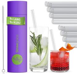 STRAWGRACE Üveg Szívószál Készlet 18 db - 9 db Hosszú (21, 5 cm) és 9 db Rövid (15 cm), 7 mm Belső Átmérő, 10 mm Külső Átmérő, Újrahasználható