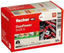 Fischer DuoPower 5 x 25 S Univerzális Dübel Biztonsági Csavarral, 2 Komponensű Műanyag Dübel Betonhoz, Téglához, Gipszkartonhoz, 50 db Dübel