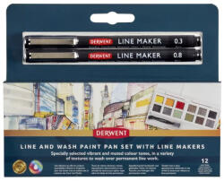 Derwent Line&Wash Akvarellfesték Készlet 15 Darab/Készlet 12 Színű Akvarellfestékkel 2 Darab Tűfilccel 1 Darab Vízzel Tölthető Ecsettel Szivaccsal és Keverőpalettával (IL2306245)