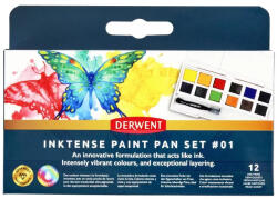 Derwent Inktense Akvarellfesték Készlet 12 Darab/Készlet Szilkés 1 Darab Vízzel Tölthető Ecsettel Szivaccsal és Keverőpalettával Alapszínek Pillangók (IL2306243)
