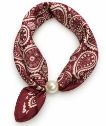 Shopika Esarfa colier satinata cu perla decorativa si inchidere magnetica, imprimeu paisley alb cu bordo