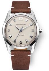 Nivada Grenchen Antarctic 35 mm - Luminova Alb Ou - Brown Leather White Stitching + 5 ani garanție și cadou GRATUIT Ceas